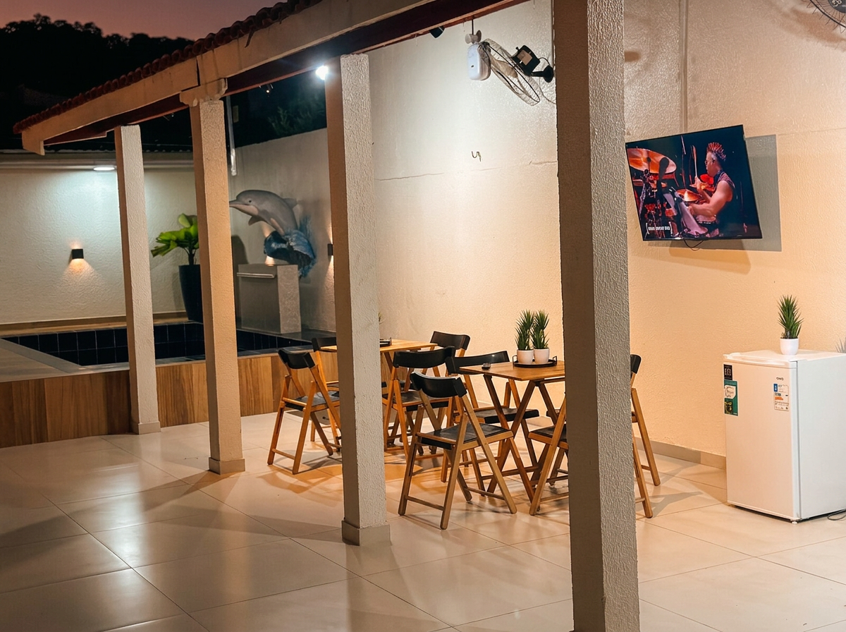 Área gourmet da Suíte do Boto com mesas e TV ao entardecer