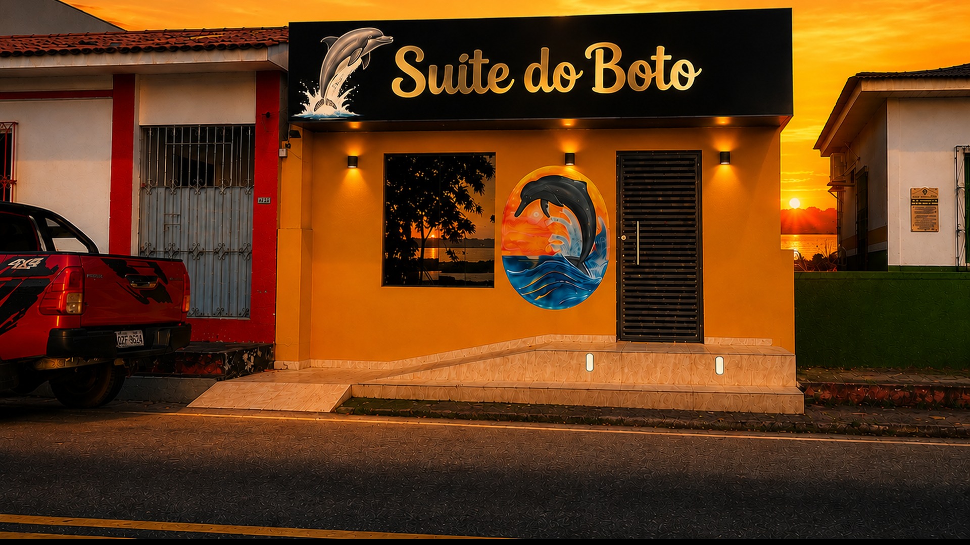 Fachada da Suíte do Boto ao entardecer em Mocajuba, Pará